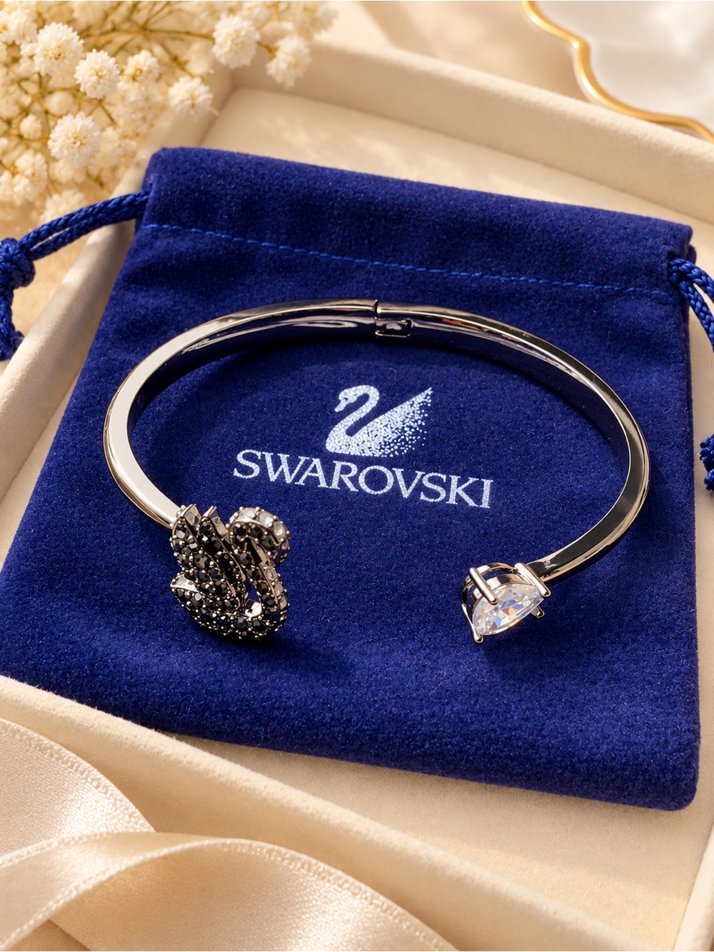 Swarovski Black Crystal Swan Open Bangle Bracelet